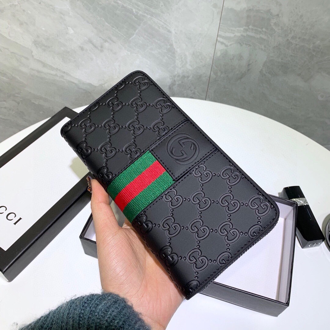 グッチ「Gucci」シグネチャー レザー ウェブ ジップアラウンドウォレット
