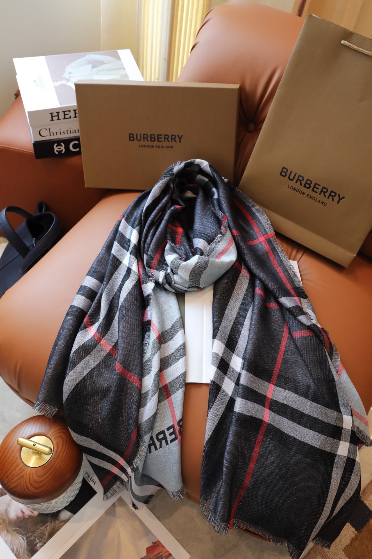 バーバリー「Burberry」ダブルフェイス キャシュミア チェック マフラー (70×220cm)