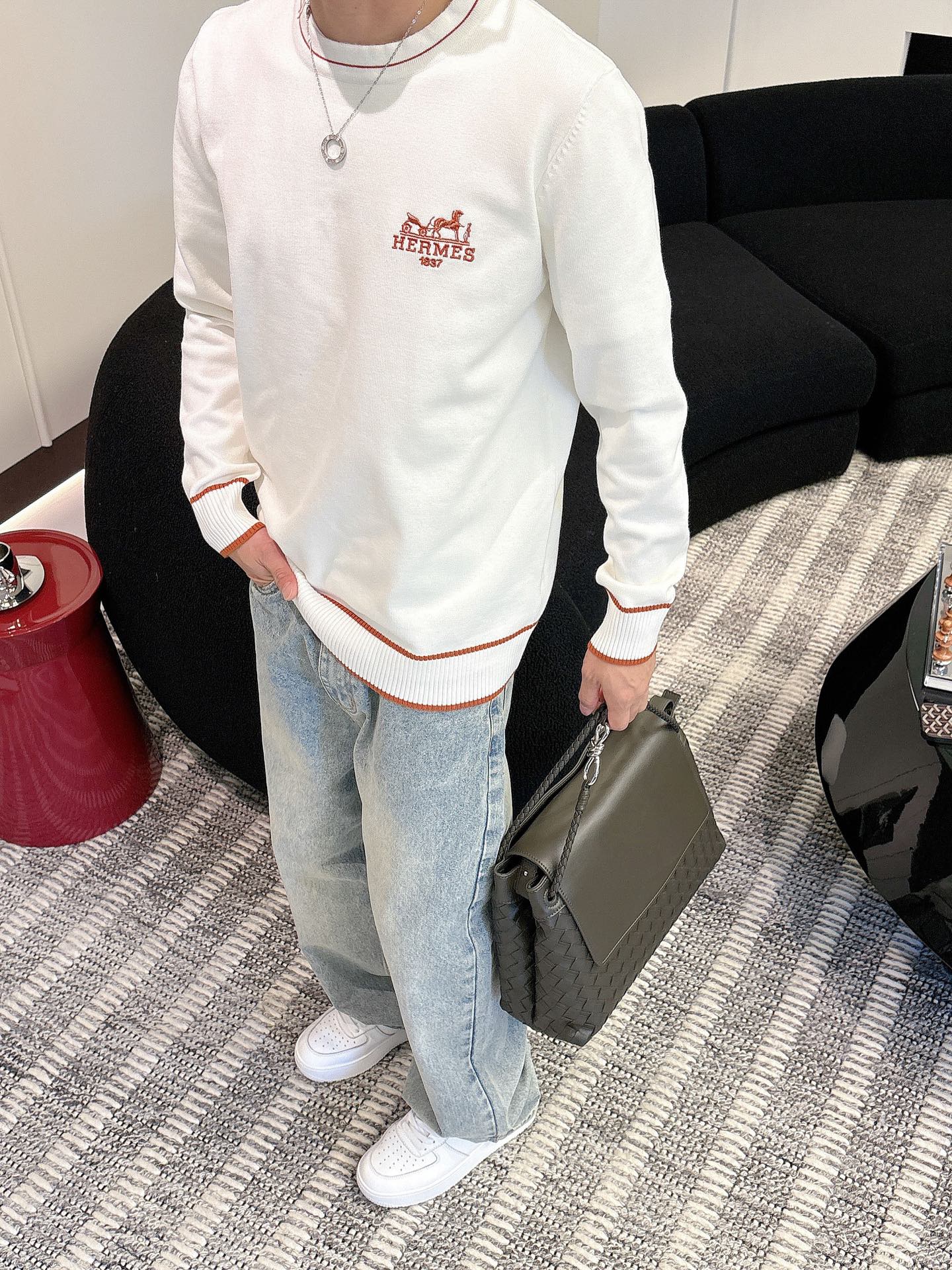 エルメス「Hermès」秋冬全身ジャージー柄新作シンプル丸首ニットウールセーター