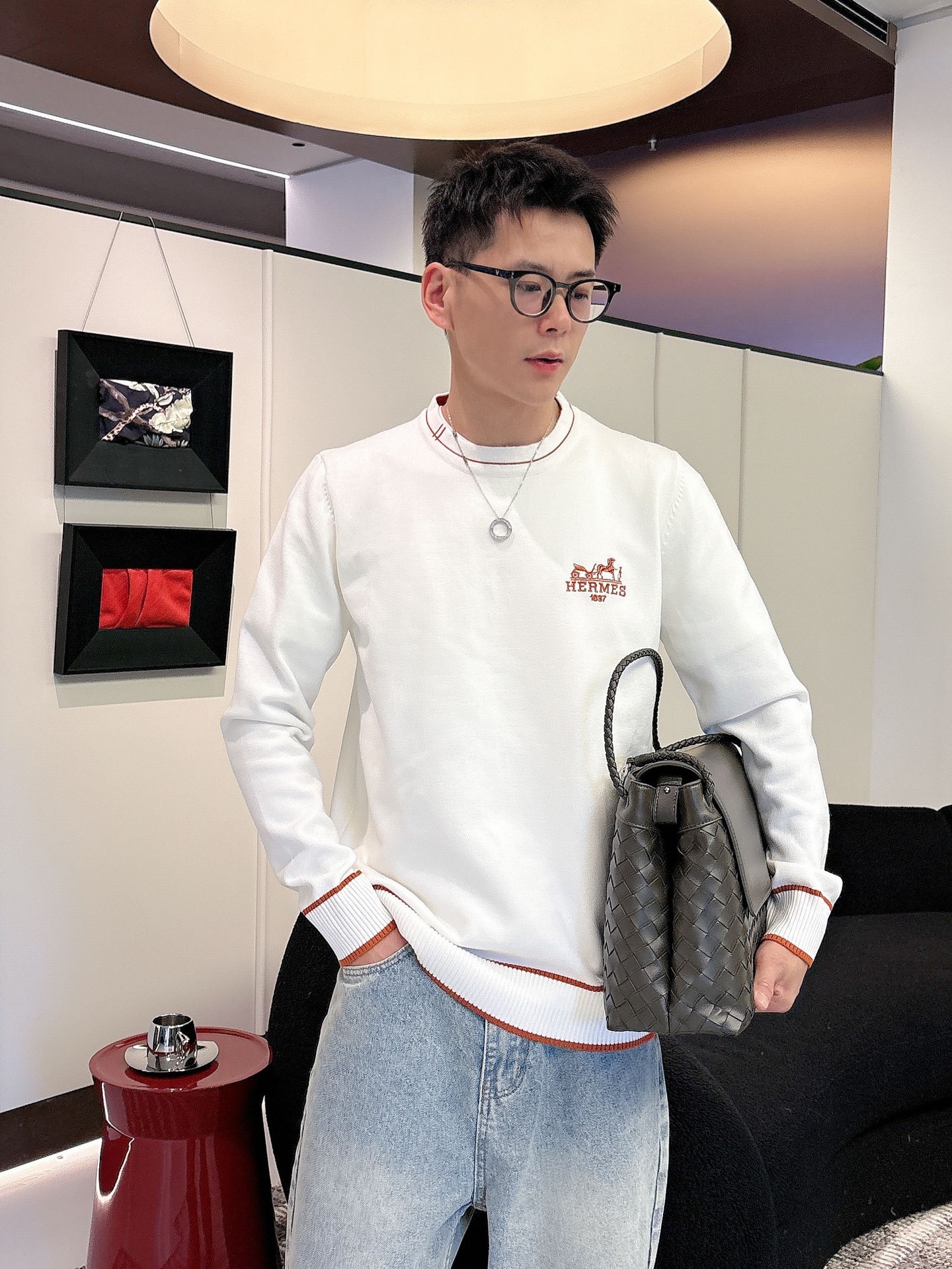 エルメス「Hermès」秋冬全身ジャージー柄新作シンプル丸首ニットウールセーター