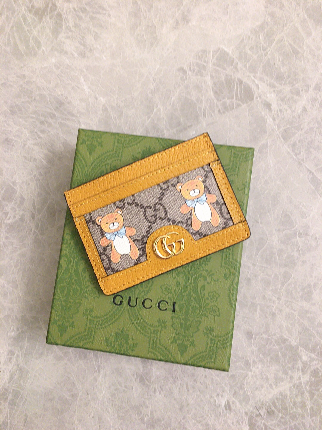 【グッチ「Gucci」 ×KAIジョイントモデル】グッチ テディベアプリン トキャンバスとレザーカードホルダー ベージュ エボニー