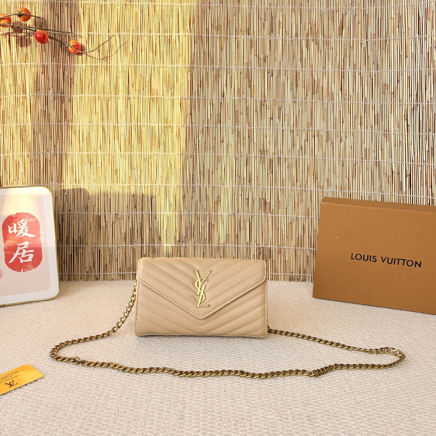 「イヴ・サンローラン」YSL ラフィアハンドバッグ＋チェーンウォレット＋コンパクト財布 3 点セット 限定セール 大人気販売中