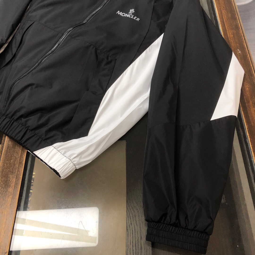 モンクレール「Moncler」2024早春 ブラック＆ホワイトカラーブロック トレンチコート風フードジャケット