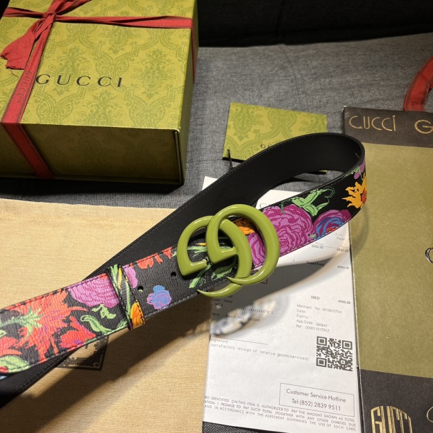 グッチ「Gucci」Ken Scott フローラル プリント GGバックル レザー ベルト100CM