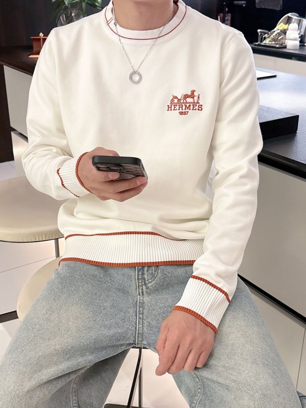 エルメス「Hermès」秋冬全身ジャージー柄新作シンプル丸首ニットウールセーター
