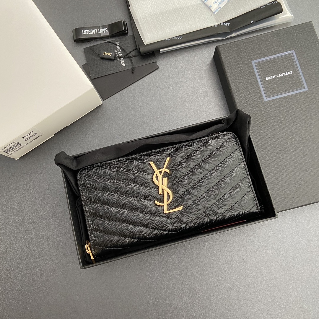 サンローラン「Saint Laurent」モノグラム・サンローラン フルジップウォレット（グレインパウダーテクスチャー キルティングレザー）