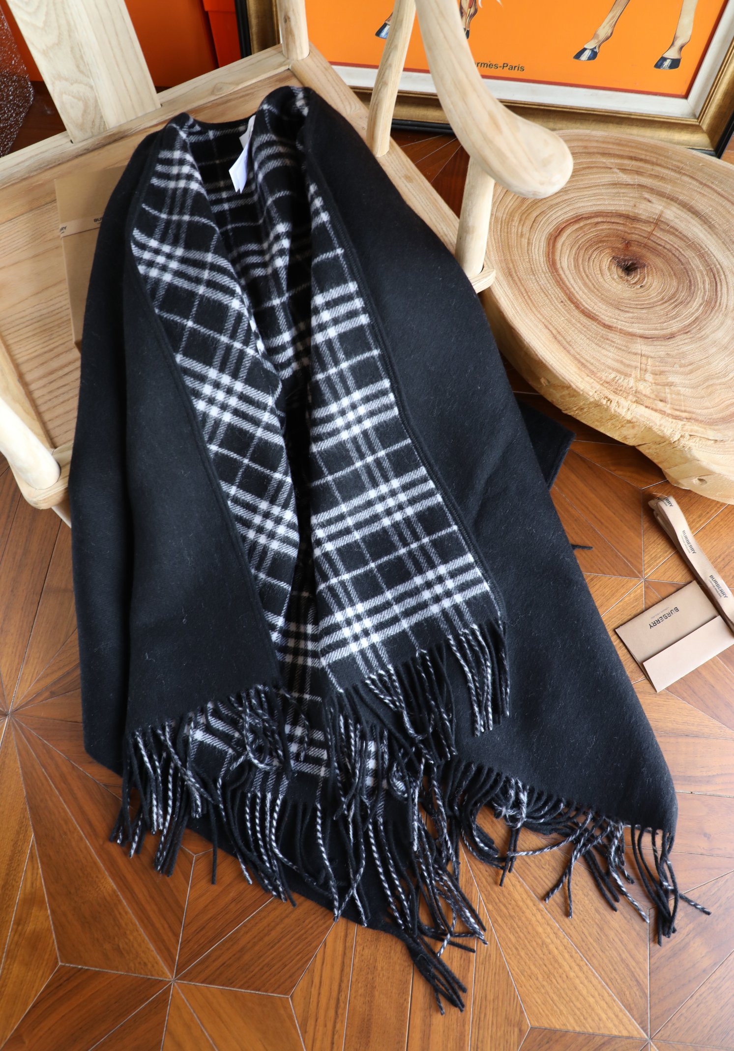 バーバリー「Burberry」リバーシブル チェック ウール ケープ 140x140cm