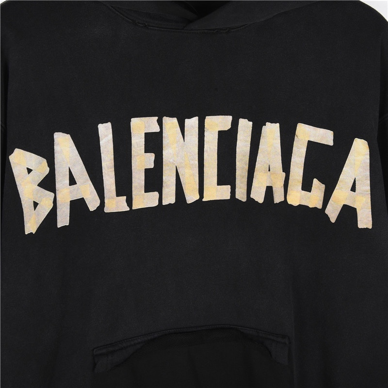 Balenciga（バレンシアガ） スクラッチ（磨破）とマスキングテープ（胶带）デザインのフード付きスウェットシャツ