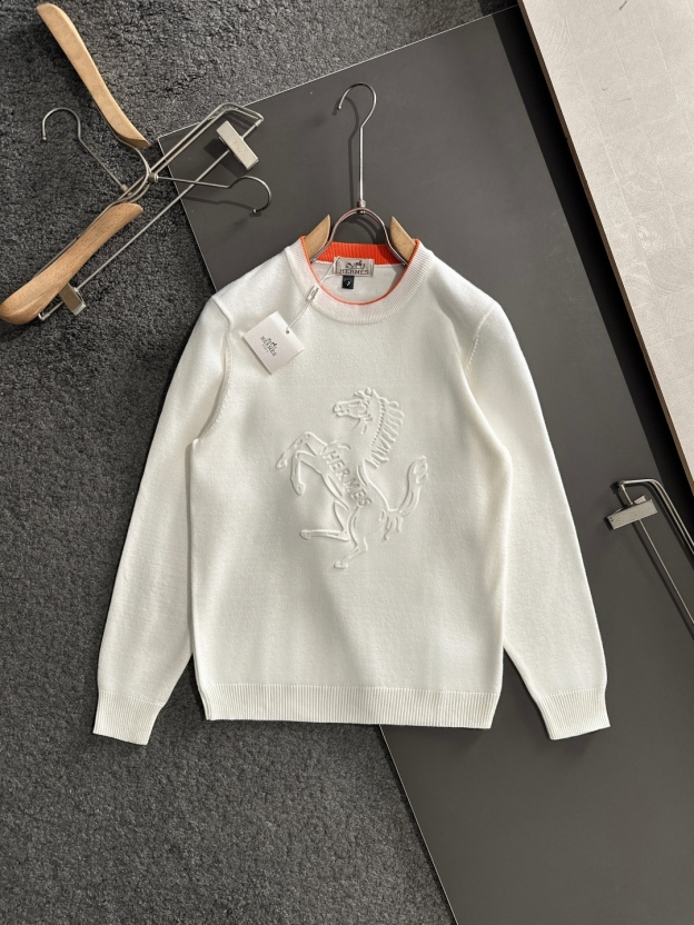 エルメス「Hermès」秋冬全身ジャージー柄新作シンプル丸首ニットウールセーター