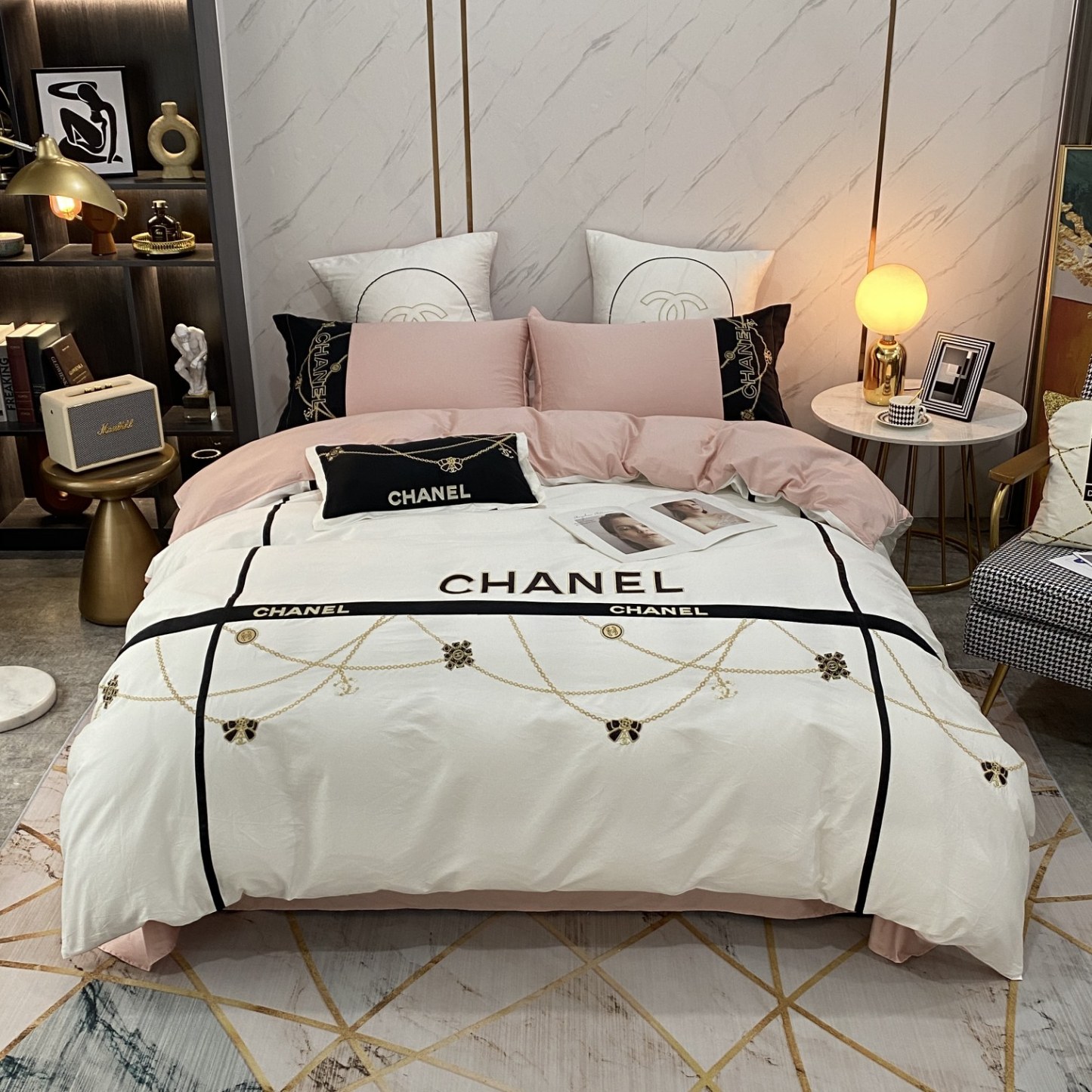 シャネル「Chanel」プレミアムコットン ゴールド＆シルバー刺繍 4点セット