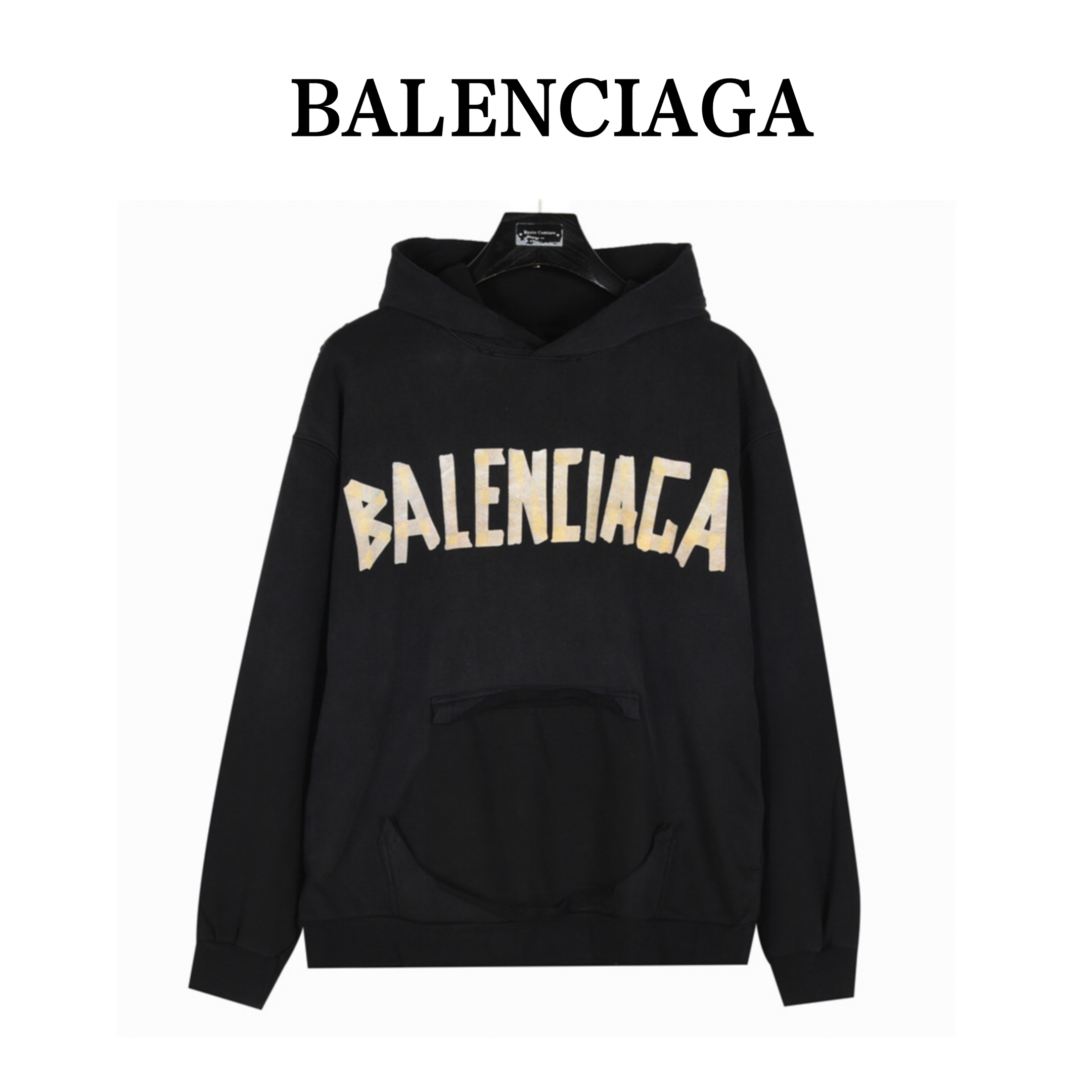 Balenciga（バレンシアガ） スクラッチ（磨破）とマスキングテープ（胶带）デザインのフード付きスウェットシャツ