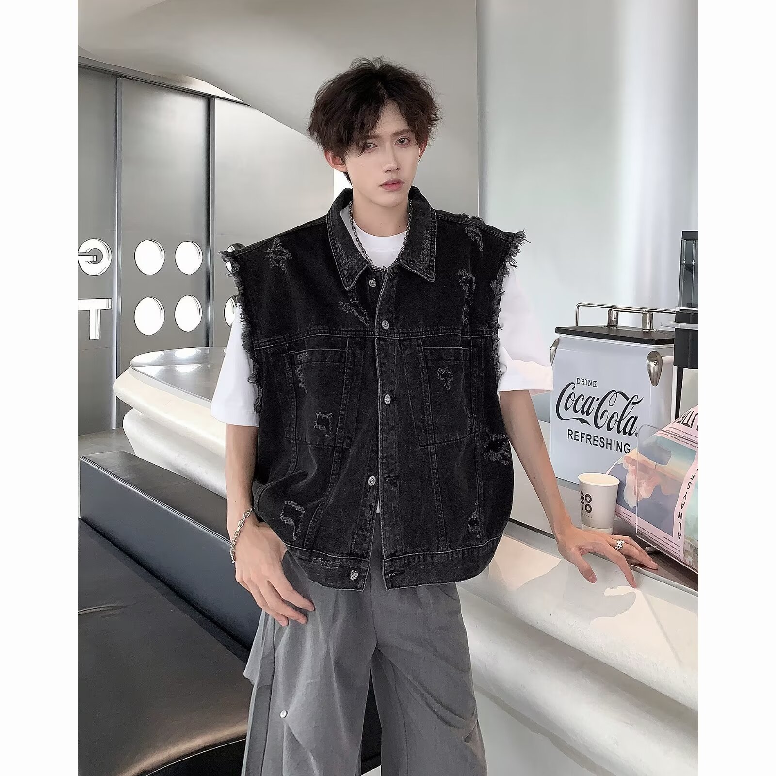 美式復古做舊牛仔馬甲 男款春季寬鬆無袖工裝夾克 街頭層次感個性外搭