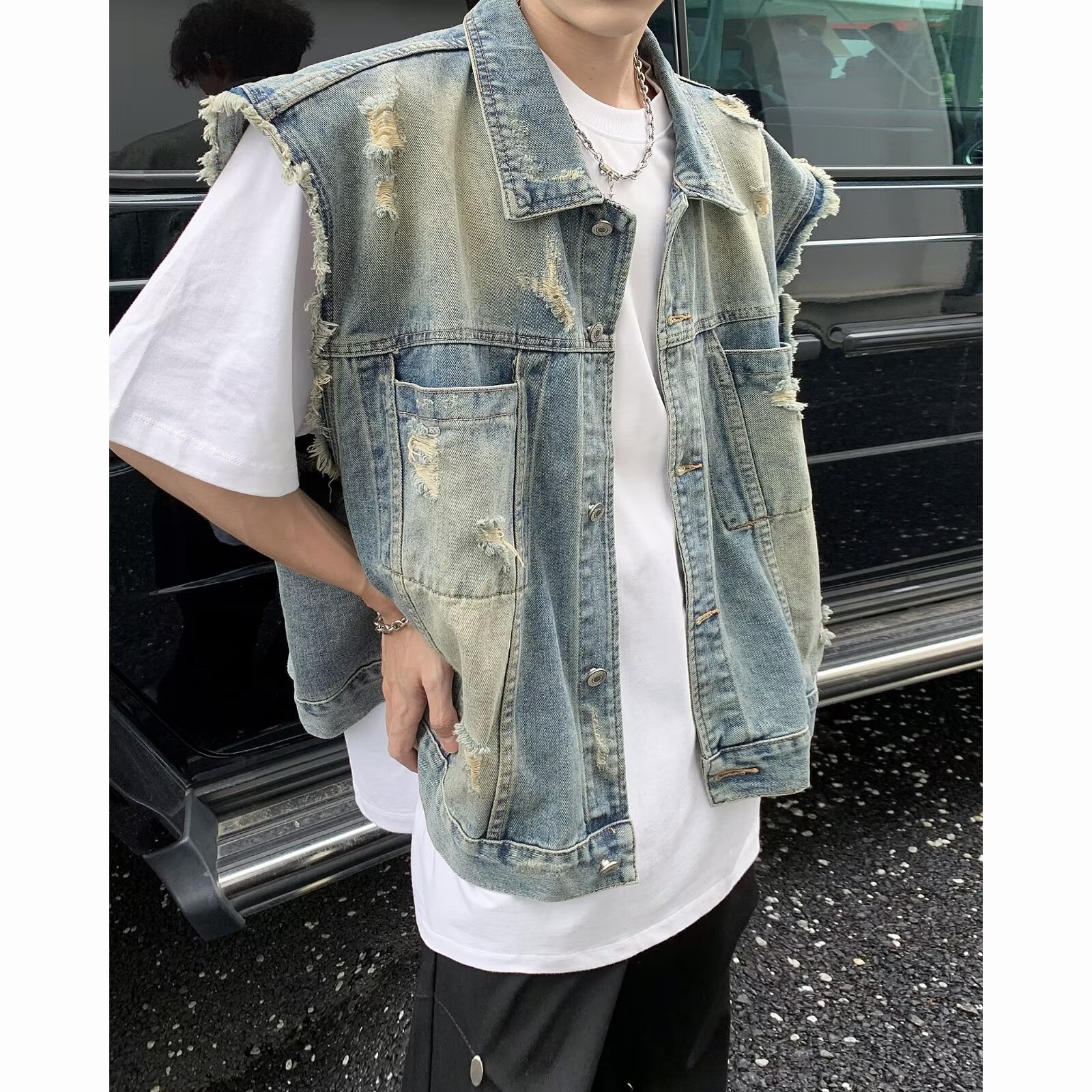 美式復古做舊牛仔馬甲 男款春季寬鬆無袖工裝夾克 街頭層次感個性外搭