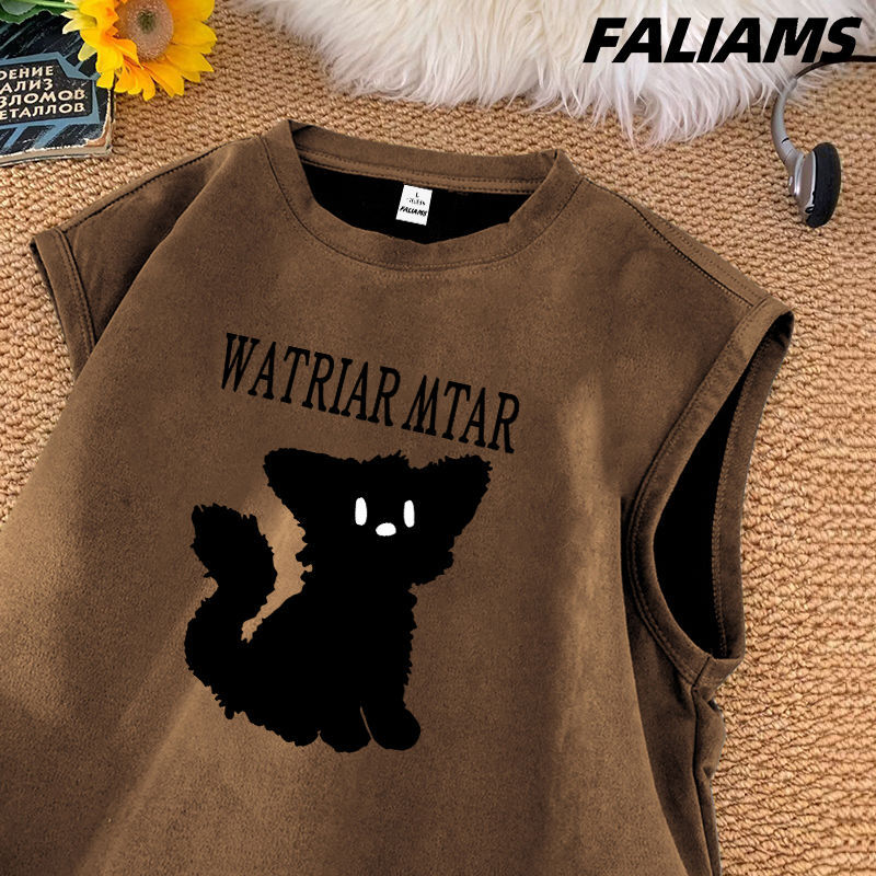 男士麂皮絨無袖坎肩背心夏季青少年休閒圓領復古百搭體恤