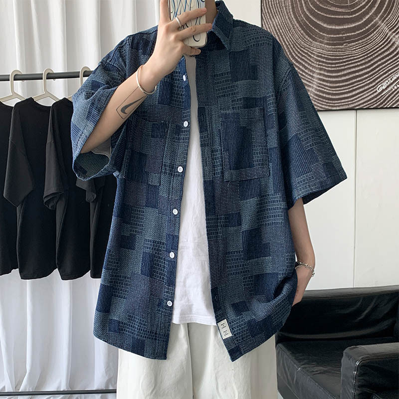 復古水洗百搭格紋短袖牛仔襯衫