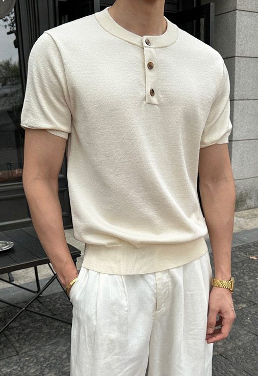 亨利領素色休閒針織夏季舒適百搭潮流短T