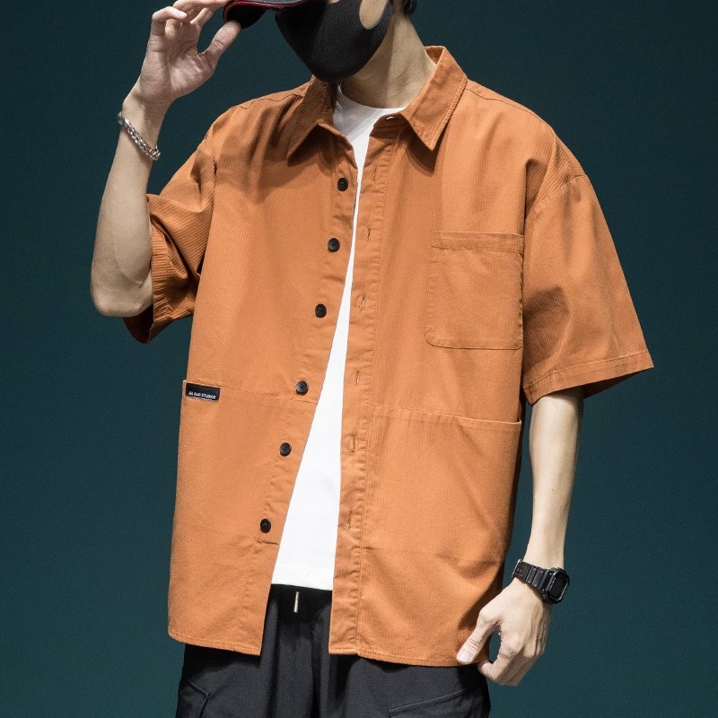 日系高級感工裝襯衫 男生夏季寬鬆翻領短袖襯衣 橘色痞帥風格上衣