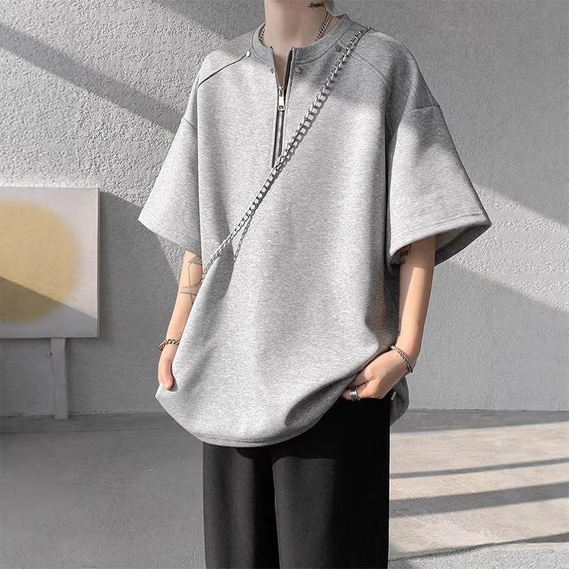 男款夏季潮牌寬鬆半拉鍊短 T 