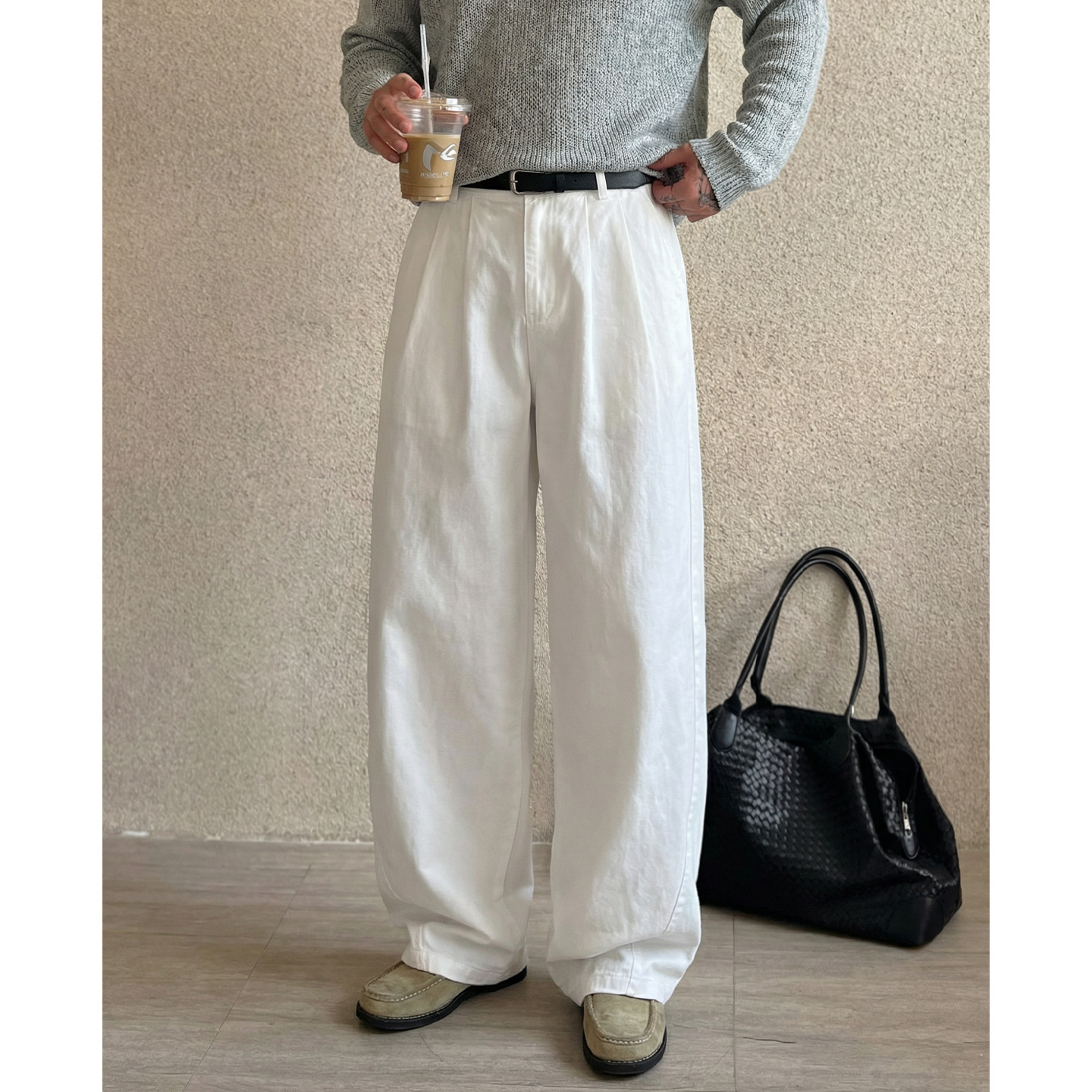 立體分割結構腰部打褶純色廓形寬鬆直筒休閒褲