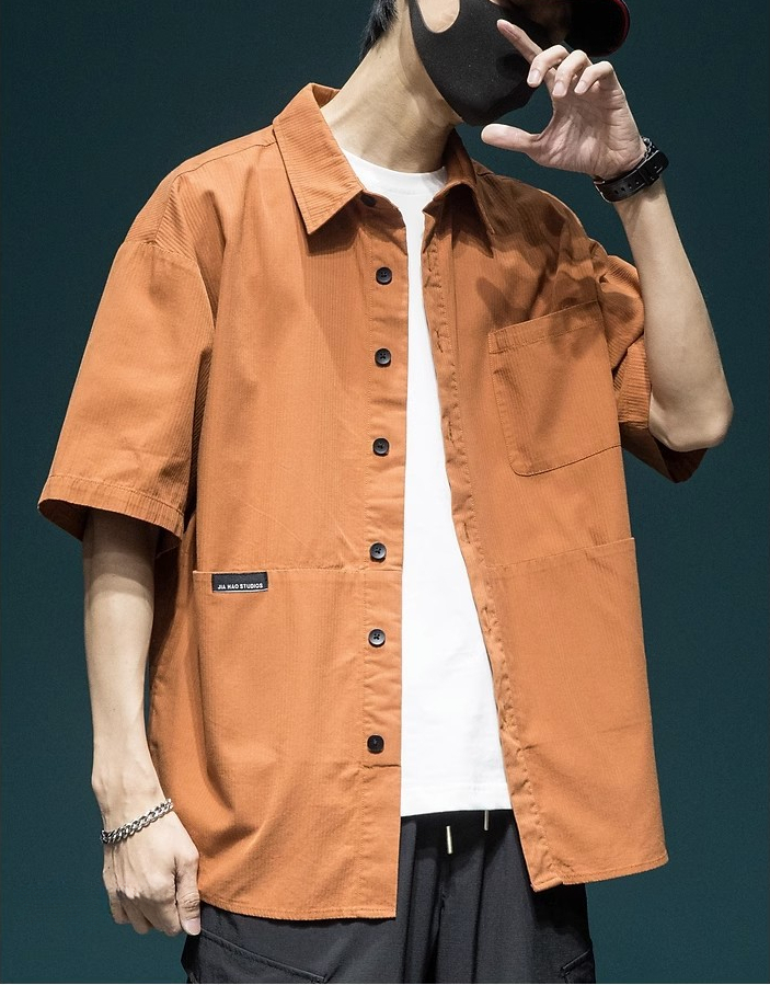日系高級感工裝襯衫 男生夏季寬鬆翻領短袖襯衣 橘色痞帥風格上衣
