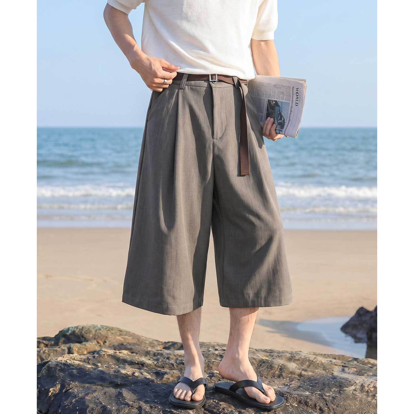 撞色拼接七分西裝短褲 男款夏季寬鬆廓形直筒褲 韓系慵懶風通勤百搭褲裝