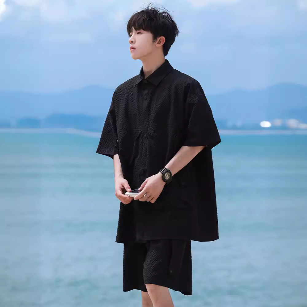 【整套】潮牌休閒套裝百搭襯衫領短袖外套 + 潮流短褲兩件套