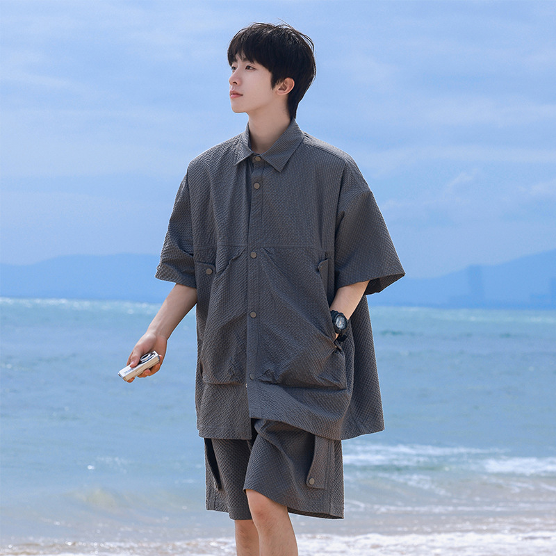 【整套】潮牌休閒套裝百搭襯衫領短袖外套 + 潮流短褲兩件套