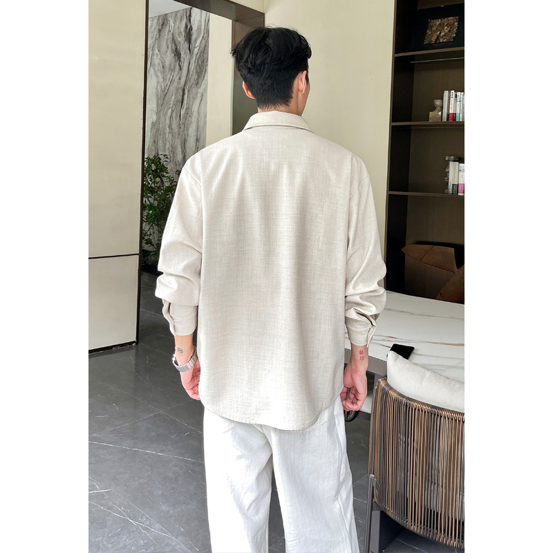 復古大碼仿麻長袖開衫 街頭潮流寬鬆百搭青少年秋季休閒上衣