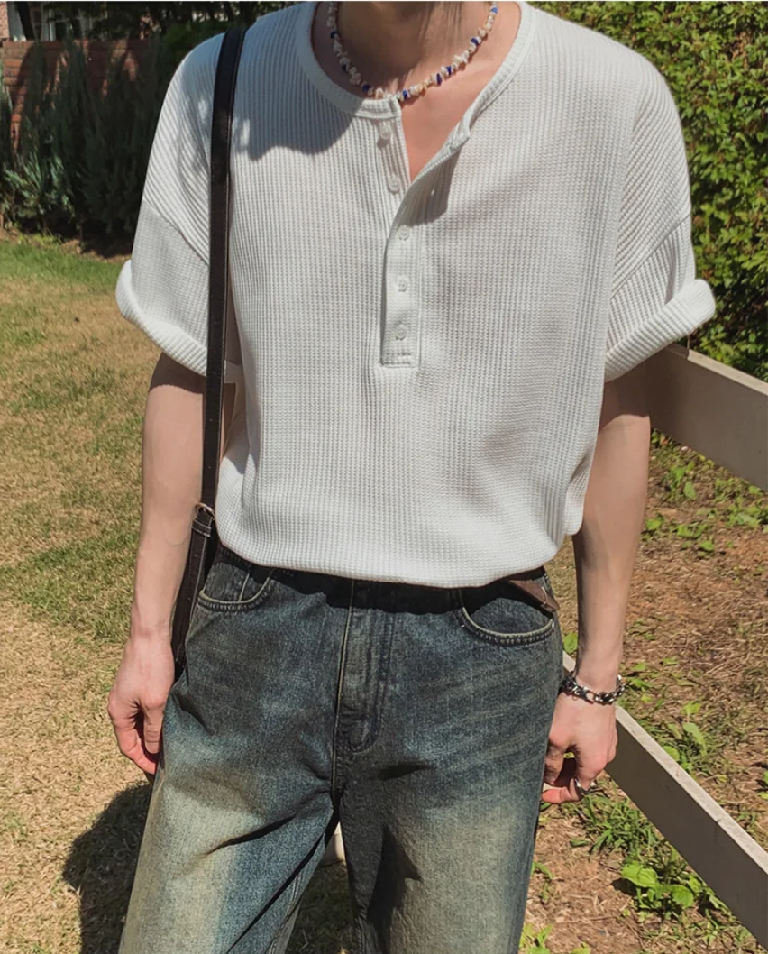 華夫格亨利領短袖 T-Shirt 男款夏季寬鬆通勤半袖 日系老錢風質感上衣