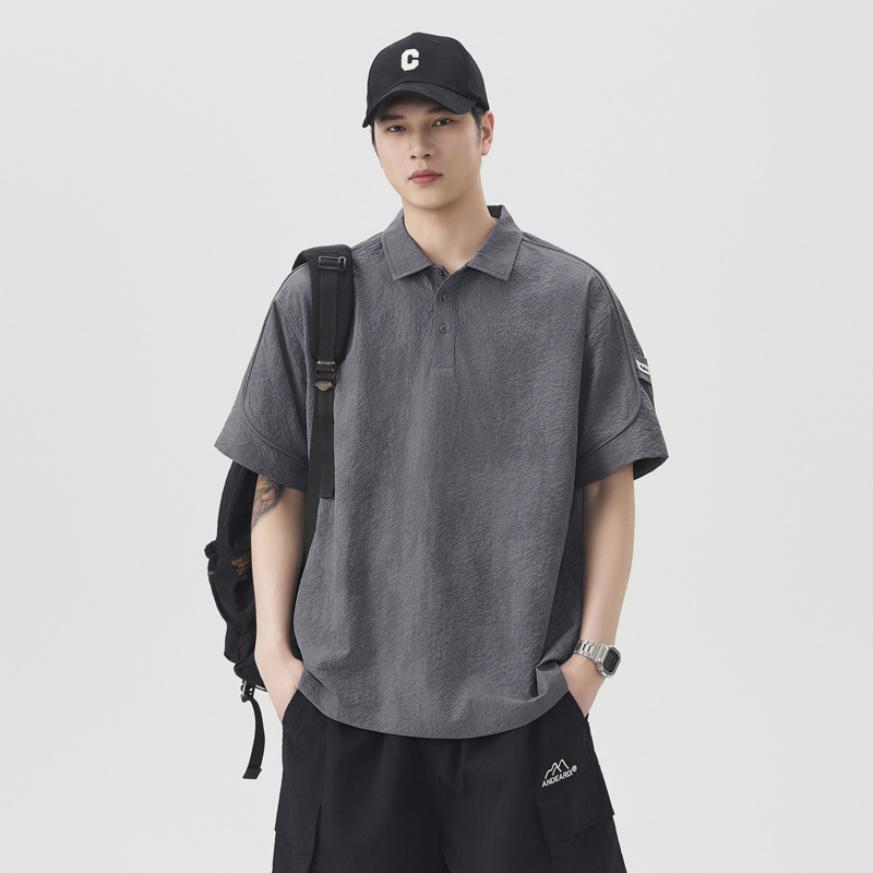 潮牌痞帥質感肌理翻領POLO 衫半袖上衣