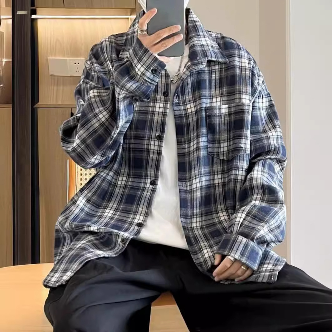 日系格紋寬鬆長袖襯衫