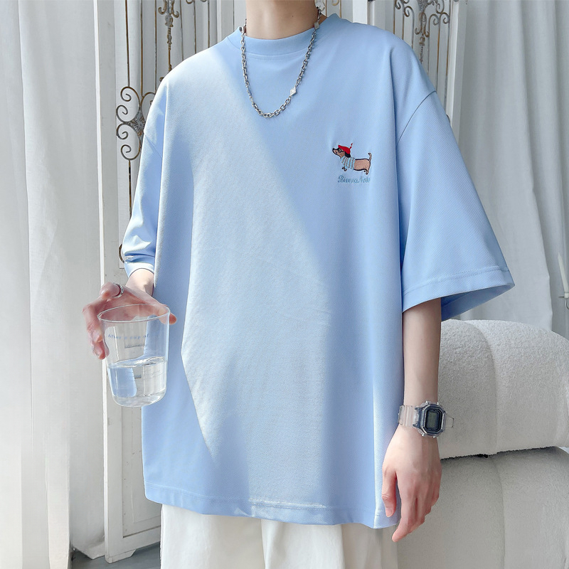 素色高街刺繡小狗短袖 T 恤