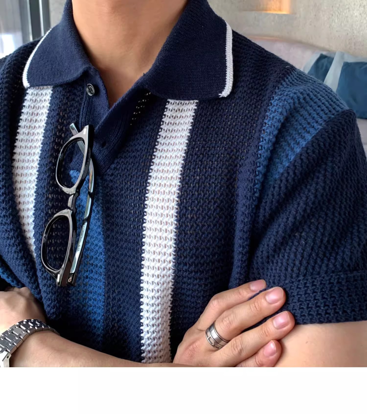復古英倫鏤空條紋上衣 男生夏季休閒翻領短袖 POLO 衫 透氣潮流穿搭