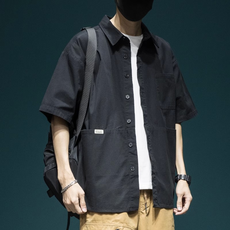 日系高級感工裝襯衫 男生夏季寬鬆翻領短袖襯衣 橘色痞帥風格上衣