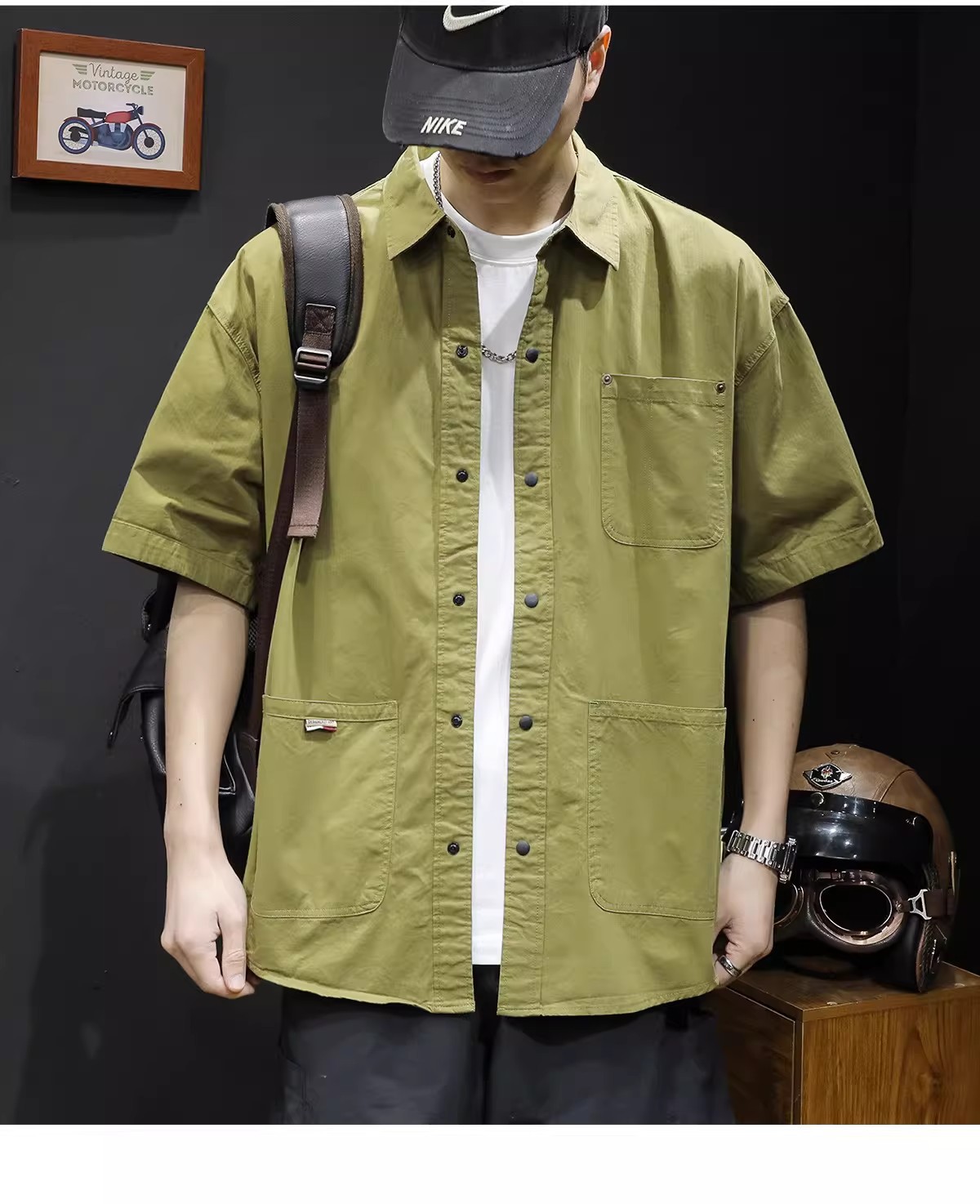 美式機能多口袋寬版短袖工裝襯衫