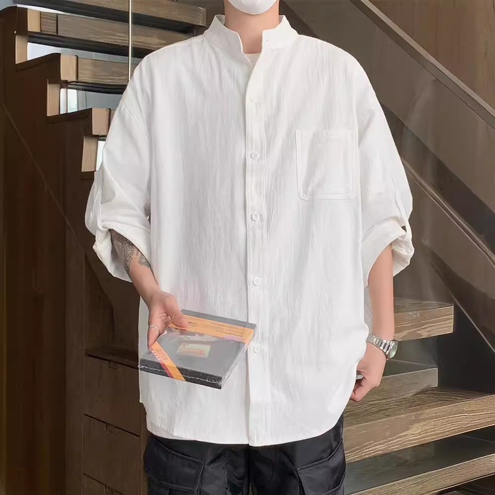 純棉立領薄款寬鬆百搭休閒七分袖襯衫上衣
