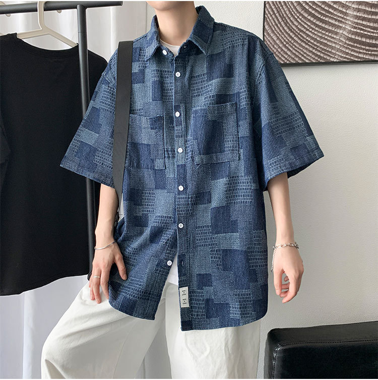 復古水洗百搭格紋短袖牛仔襯衫