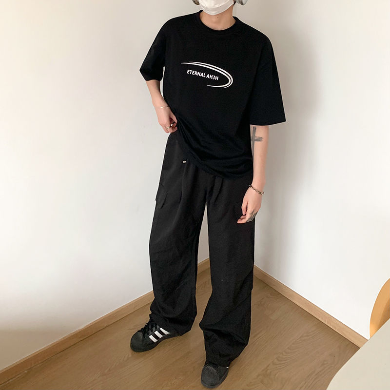 韓版潮流字母印花圓領純棉寬鬆休閒半袖