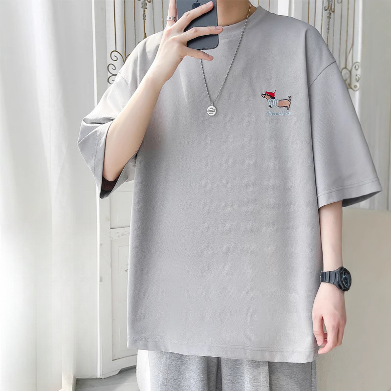 素色高街刺繡小狗短袖 T 恤