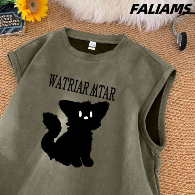 男士麂皮絨無袖坎肩背心夏季青少年休閒圓領復古百搭體恤