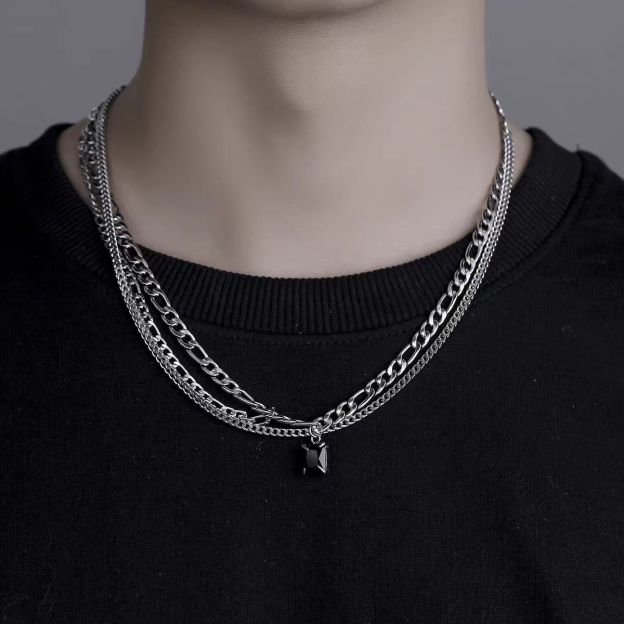 嘻哈鈦鋼拼接黑鑽疊戴手鍊男