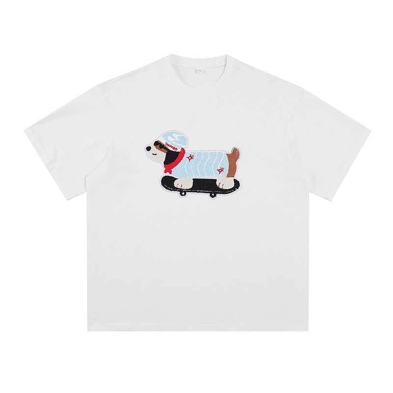 美式潮牌趣味小狗繡花情侶短袖T恤