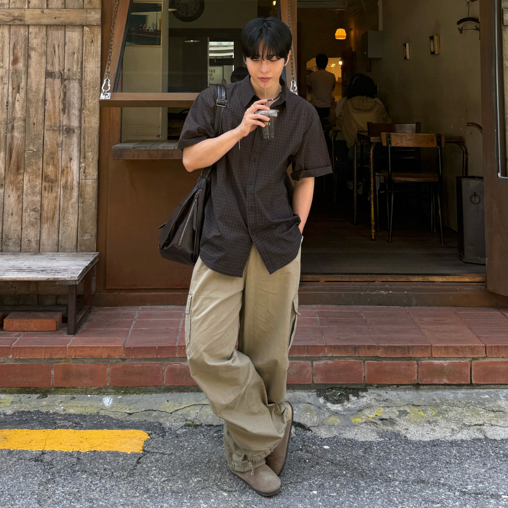 日系老錢風復古格紋翻領短袖襯衫 男款夏季寬鬆質感免燙襯衣