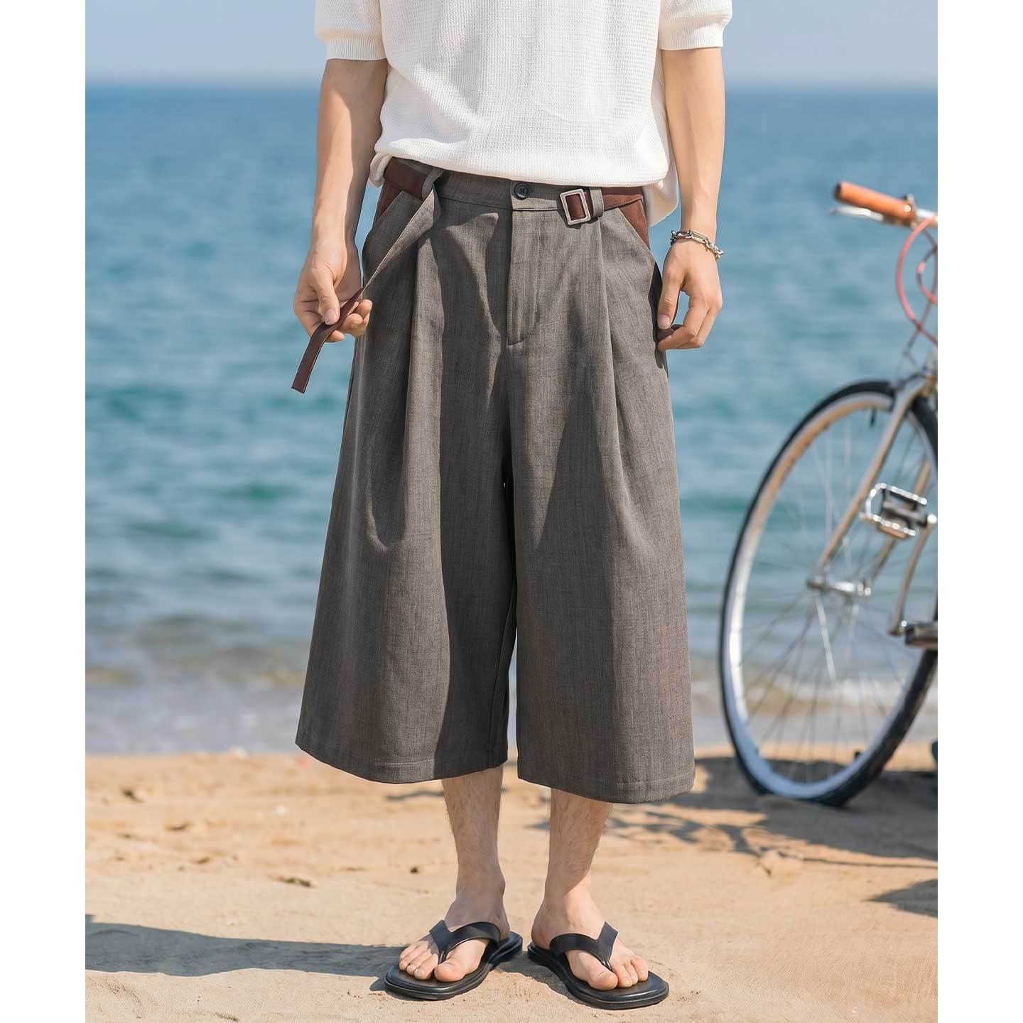 撞色拼接七分西裝短褲 男款夏季寬鬆廓形直筒褲 韓系慵懶風通勤百搭褲裝