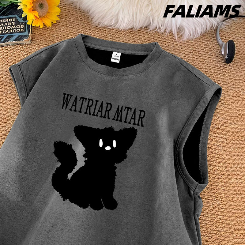 男士麂皮絨無袖坎肩背心夏季青少年休閒圓領復古百搭體恤