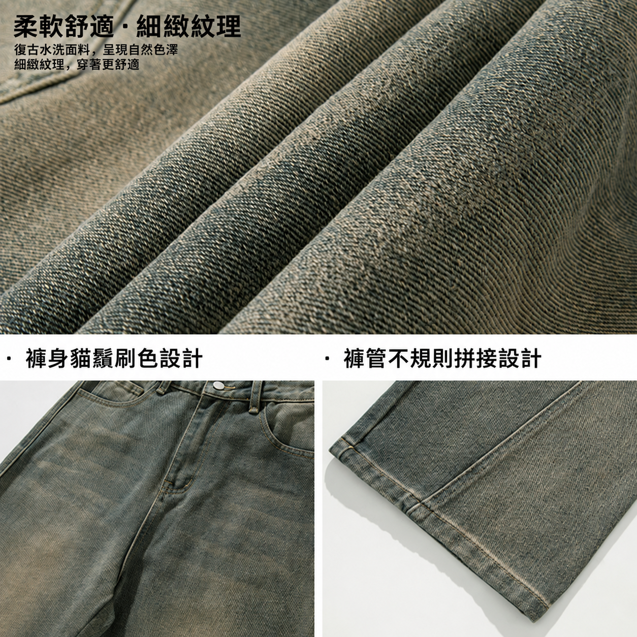 美式復古水洗拼接寬鬆直筒牛仔褲｜中腰微彈街頭長褲