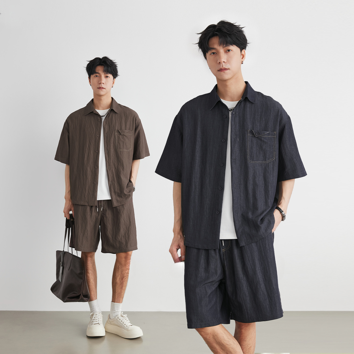 天絲牛仔工裝短袖襯衫套裝 男夏季鬆弛感穿搭 兩件套裝 清爽透氣休閒短褲