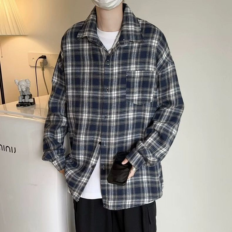 日系格紋寬鬆長袖襯衫