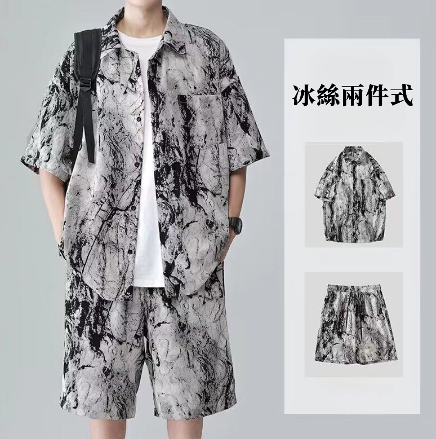 水墨冰絲寬鬆短袖襯衫【套裝】