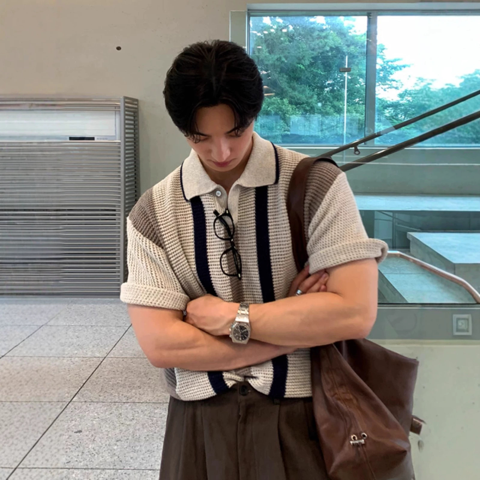 復古英倫鏤空條紋上衣 男生夏季休閒翻領短袖 POLO 衫 透氣潮流穿搭